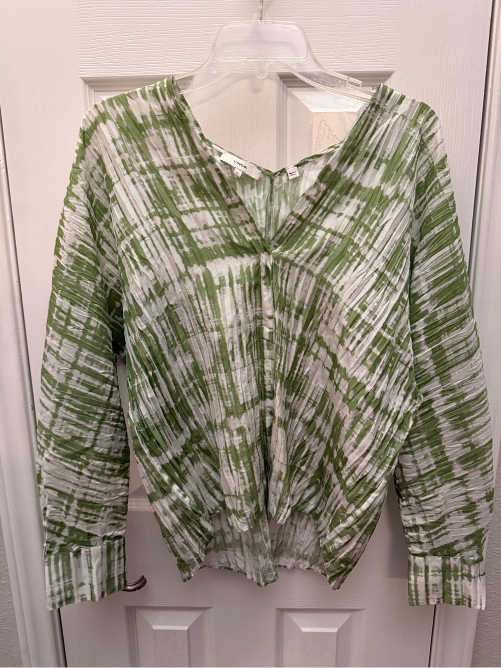 Vince Green and White Tie-Dye 100% Silk Blouse